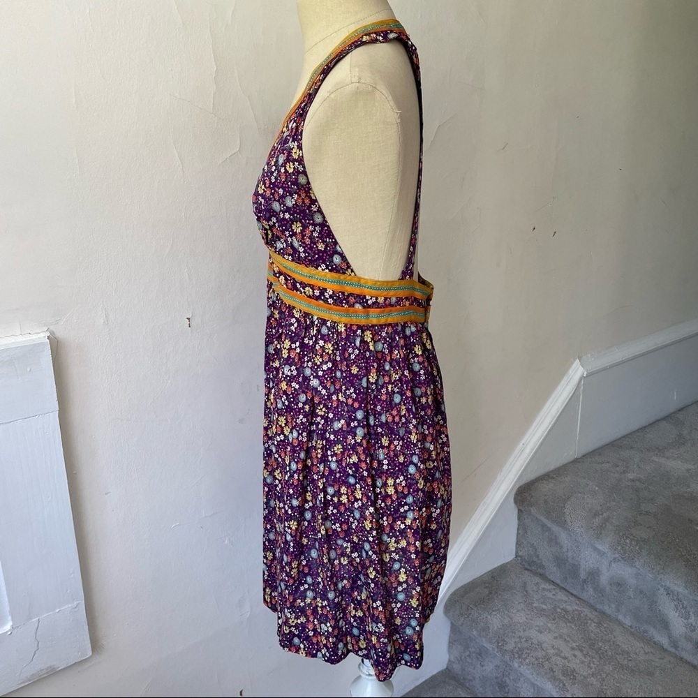 Vintage 1960s/1970s New Morning Designs Purple Floral Cotton Halter Dress 11/12 - Picture 2 of 10